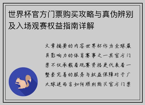 世界杯官方门票购买攻略与真伪辨别及入场观赛权益指南详解