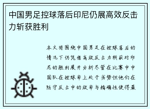 中国男足控球落后印尼仍展高效反击力斩获胜利