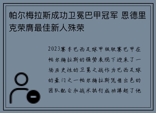 帕尔梅拉斯成功卫冕巴甲冠军 恩德里克荣膺最佳新人殊荣 帕尔梅拉斯成功卫冕巴甲冠军 恩德里克荣膺最佳新人殊荣